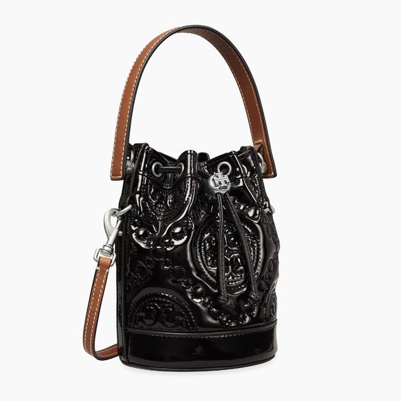 NWT Tory Burch Mini T Monogram Puffy Patent Leather Bucket Bag Crossbody Black - Picture 3 of 12